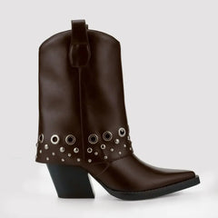 Tuhoomall Chic Ankle Boots With Geometric Pattern, Foldable Shaft, Metal Buckle, Chunky Heel For Casual And Outdoor Use Tuhoomall