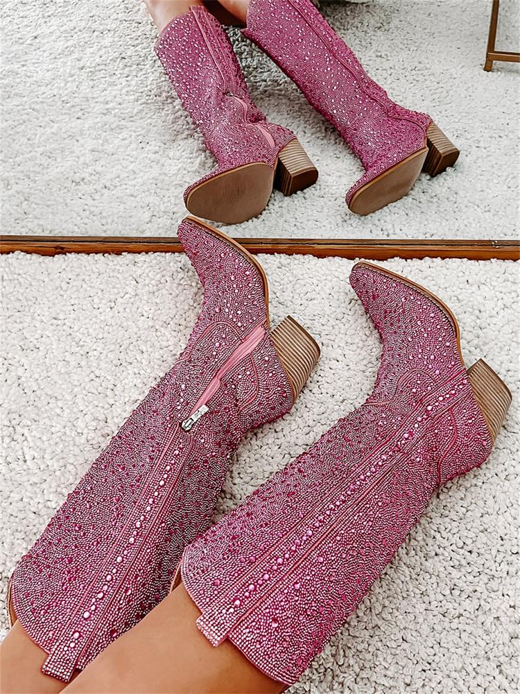 Tuhoomall Rhinestone Western Mid Calf Boots For Women - Chunky Heel & Easy Zip Closure, Stylish For Travel And Weddings