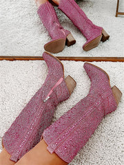 Tuhoomall Rhinestone Western Mid Calf Boots For Women - Chunky Heel & Easy Zip Closure, Stylish For Travel And Weddings
