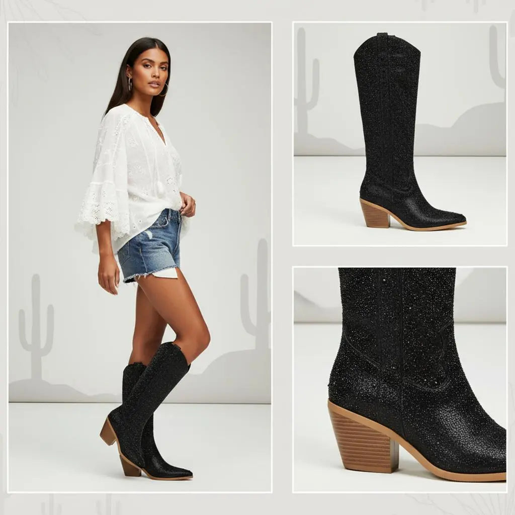 Tuhoomall Rhinestone Western Mid Calf Boots For Women - Chunky Heel & Easy Zip Closure, Stylish For Travel And Weddings Tuhoomall