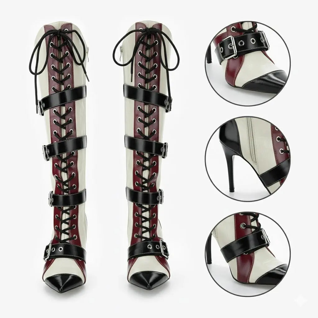Tuhoomall Knee-High Boots for Women, Comfortable Floral Design with High Heel, Adjustable Buckle Closure, Perfect for Casual Style Tuhoomall