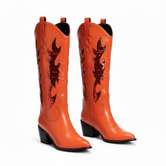 Tuhoomall Comfortable Western Boots with Sequins and Floral Design for Stylish Parties, Runway Shows, and Casual Outings - Knee-High Chunky Heel