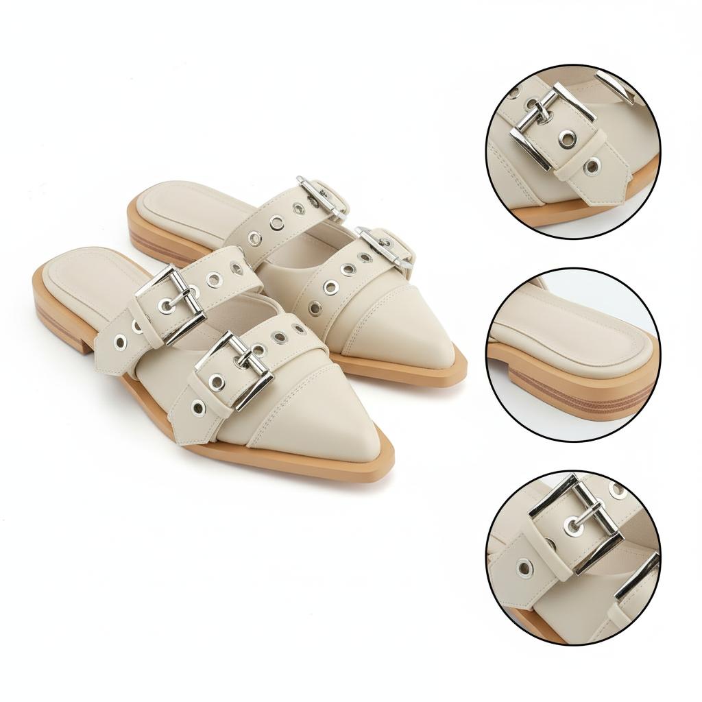 Tuhoomall Comfortable Pointed-Toe Mule Sandals for Summer Travel | Adjustable Metal Button Design | Casual Street Style Tuhoomall
