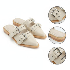 Tuhoomall Comfortable Pointed-Toe Mule Sandals for Summer Travel | Adjustable Metal Button Design | Casual Street Style Tuhoomall