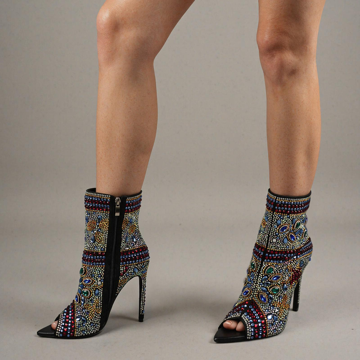 Tuhoomall Stylish Women’s Ankle Boots with Rhinestones, Peep Toe, High Heel for Parties,Trendy and Elegant