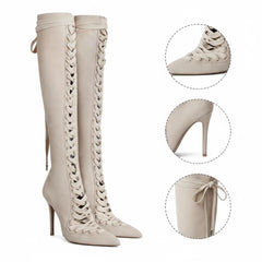 Tuhoomall Knee-High Boots For Bridal Occasion, Pointed-Toe Stiletto Heel, Lace-Up Design, Solid Color, 4" Heel Height, All-Season Wear