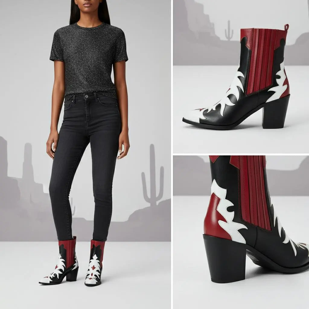 Tuhoomall Fashion Women's Short Boots with Chunky Heel, Pointed Toe, Floral Embroidery, Casual and Business Wear for All Seasons Tuhoomall