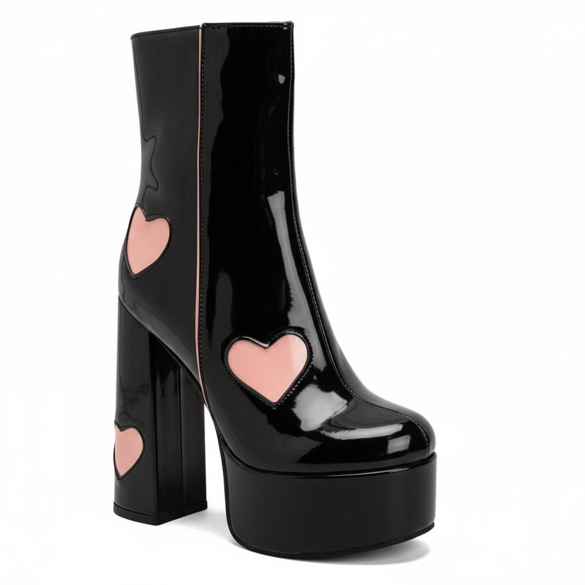 Tuhoomall Chunky Heeled Ankle Boots for Women, Heart Pattern, Zipper Closure, All-Season Fashion, Perfect for Parties and Travel