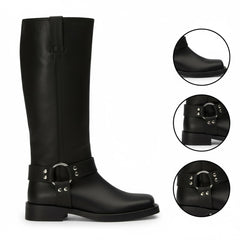 Tuhoomall Stylish Knee High Boots For Women | Comfortable Chunky Heel | Everyday Casual & Travel Use | Solid Color With Metallic Buckle