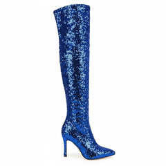 Tuhoomall Sapphire Blue Over-The-Knee Stiletto Boots, Pointy Toe, Sequin Embellishments for Fashion Shows and Parties