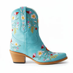 Tuhoomall Stylish Western Ankle Boots with Floral Embroidery, Rubber Sole, Chunky 5cm Heel for Classic and Casual Looks