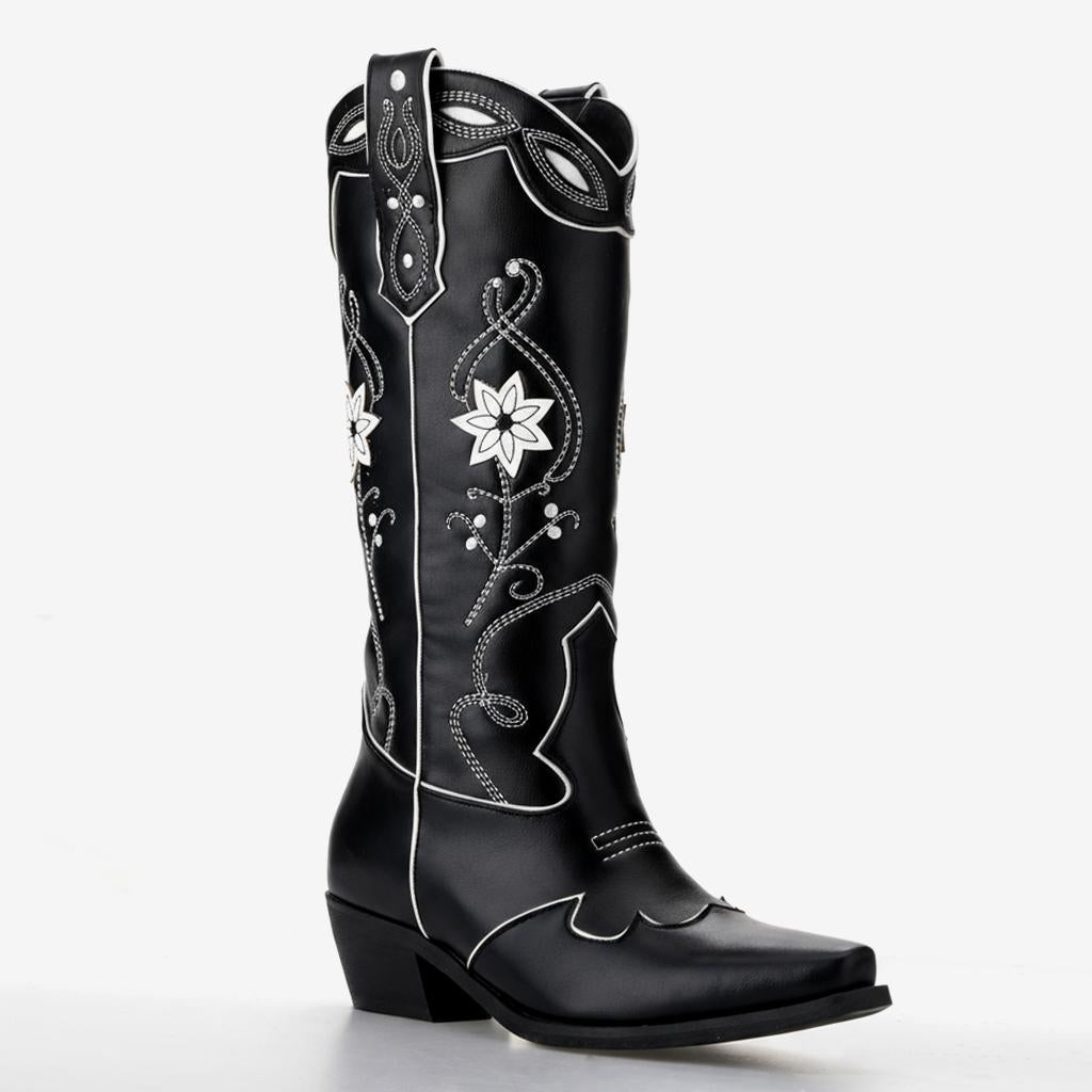 Tuhoomall Floral Embroidered Chunky Heel Ankle Boots for Women - Stylish Slip-On Comfortable Footwear for Travel and Casual Outings