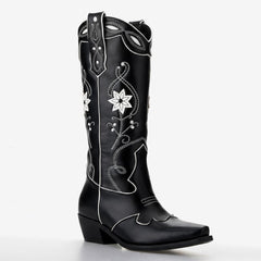 Tuhoomall Floral Embroidered Chunky Heel Ankle Boots for Women - Stylish Slip-On Comfortable Footwear for Travel and Casual Outings