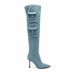 Tuhoomall Over-The-Knee Fashion Boots for Women, High Heels 9.5cm, Zipper Closure, Solid Color with Pocket and Metal Buckle, Perfect for Parties and Performances