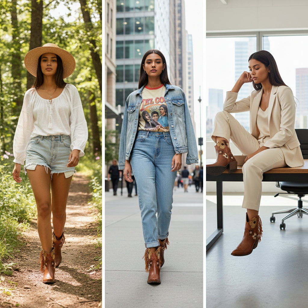 Tuhoomall Western Cowboy Ankle Boots for Women, Fashionable Floral Embroidered Short Booties, Casual Spring Autumn Winter Wear Tuhoomall