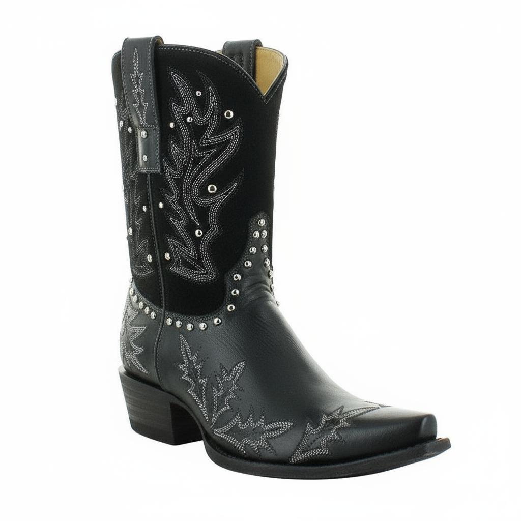 Tuhoomall Western Cowgirl Mid Calf Boots With Snip Toe, Chunky Heel, Embroidered Patchwork, Studded Design For Outdoor Fashion