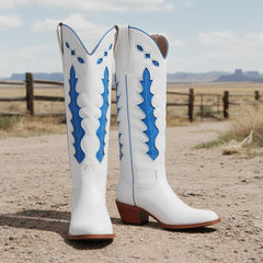 Tuhoomall Western Knee High Floral Embroidered Cowboy Boots for Travel, Outdoor and Casual Fashion with Chunky Heel and Slip-On Design