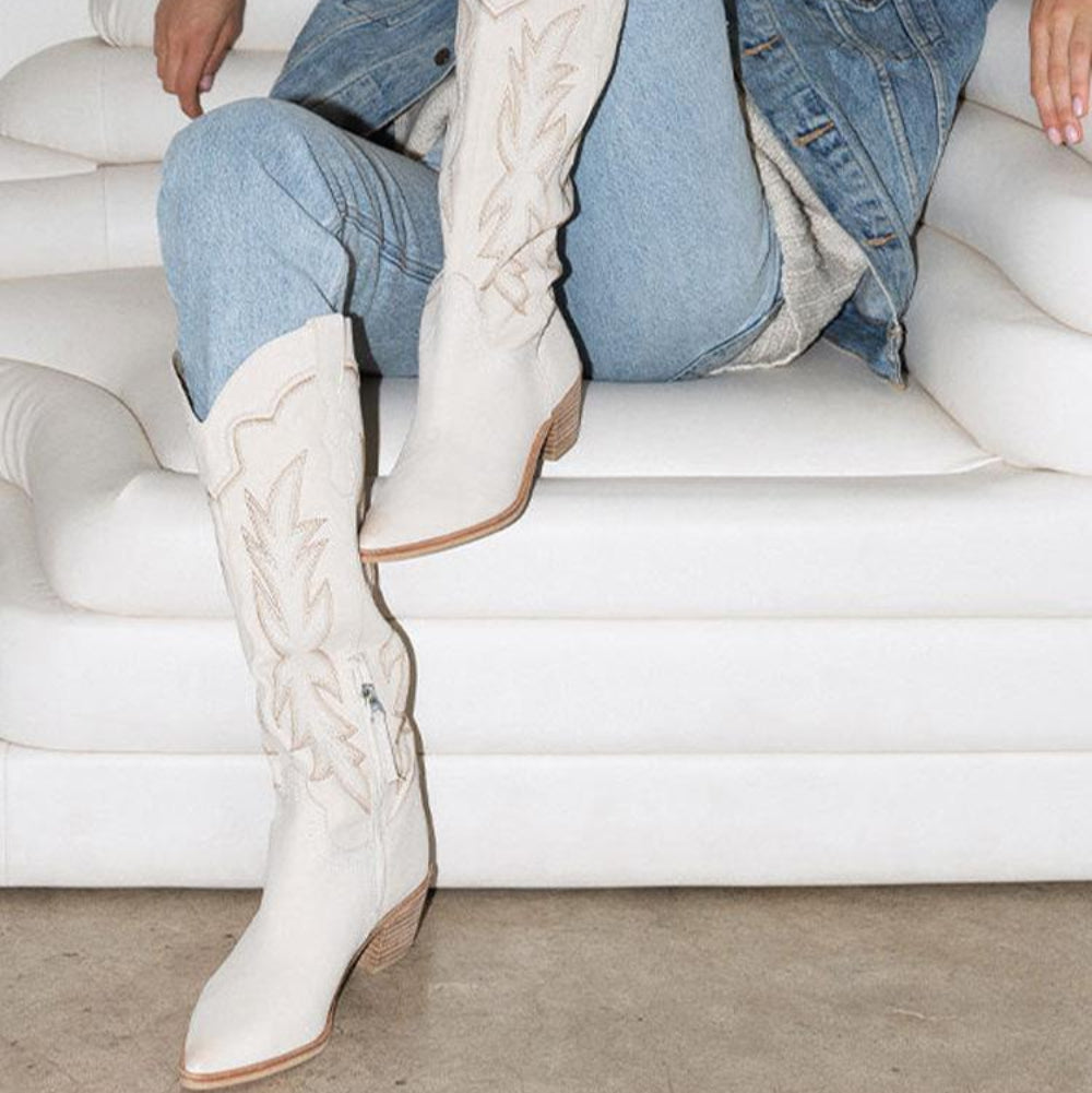 Tuhoomall Embroidered Mid Calf Boots Pointed Toe Zipper Chunky Heeled Western Boots