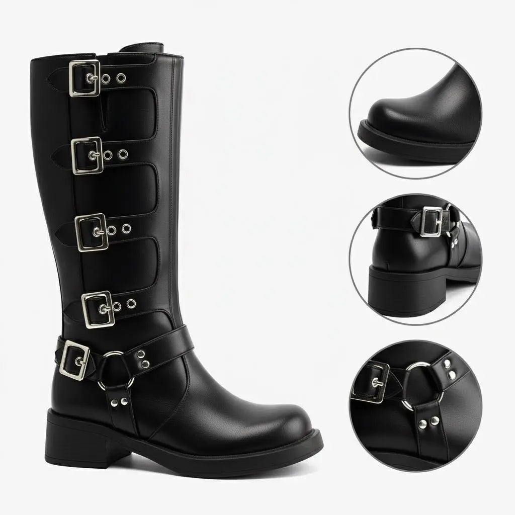 Tuhoomall Vintage Stylish Casual Boots for Women, Comfortable Mid-Calf Square-Toe with Chunky Heel, Adjustable Buckle, All-Season Wear Tuhoomall