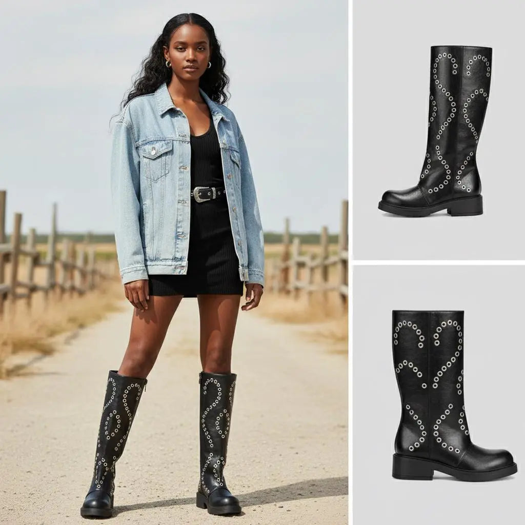 Tuhoomall Comfortable Knee-High Boots with Geometric Patterns, Low Heel, Perfect for Performances and Casual Fashion Tuhoomall