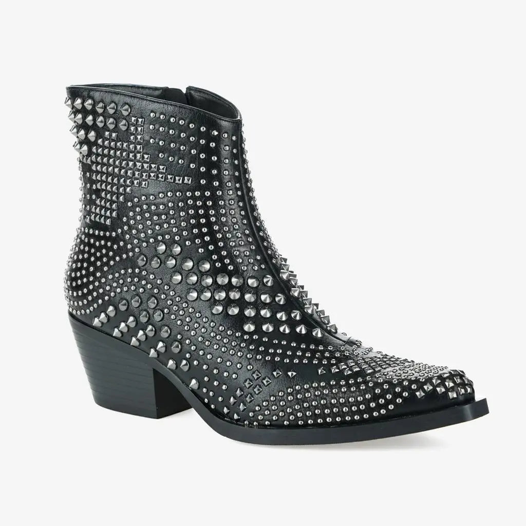Tuhoomall Western Cowboy Ankle Booties with Rivets - Stylish Chunky Heel, Zipper Closure, Ideal for Casual Parties and Seasonal Wear Tuhoomall