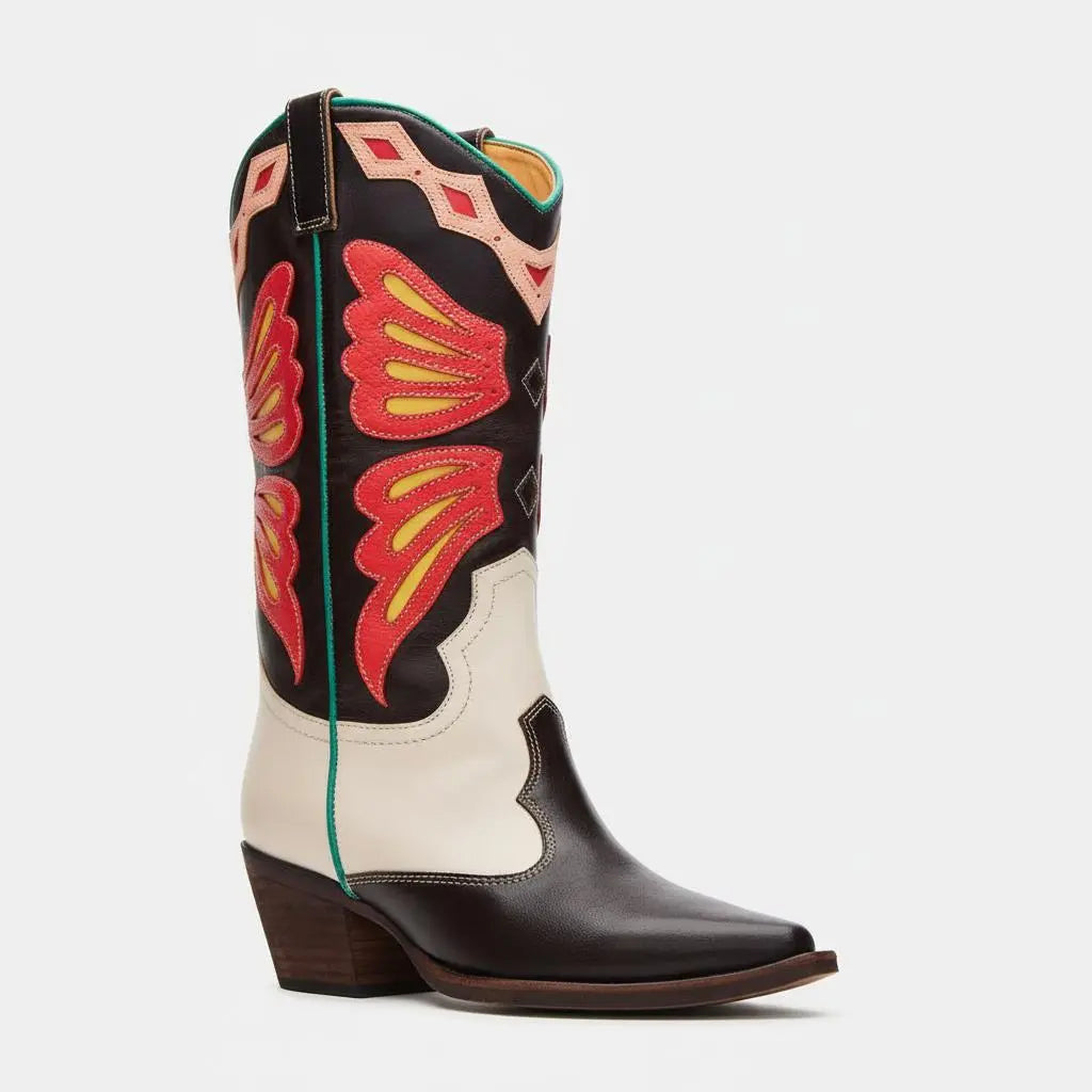 Tuhoomall Western Cowboy Boots for Women, Floral and Animal Print, Chunky Heels, Perfect for Parties and Fashion Events, Easy Slip-On Style Tuhoomall