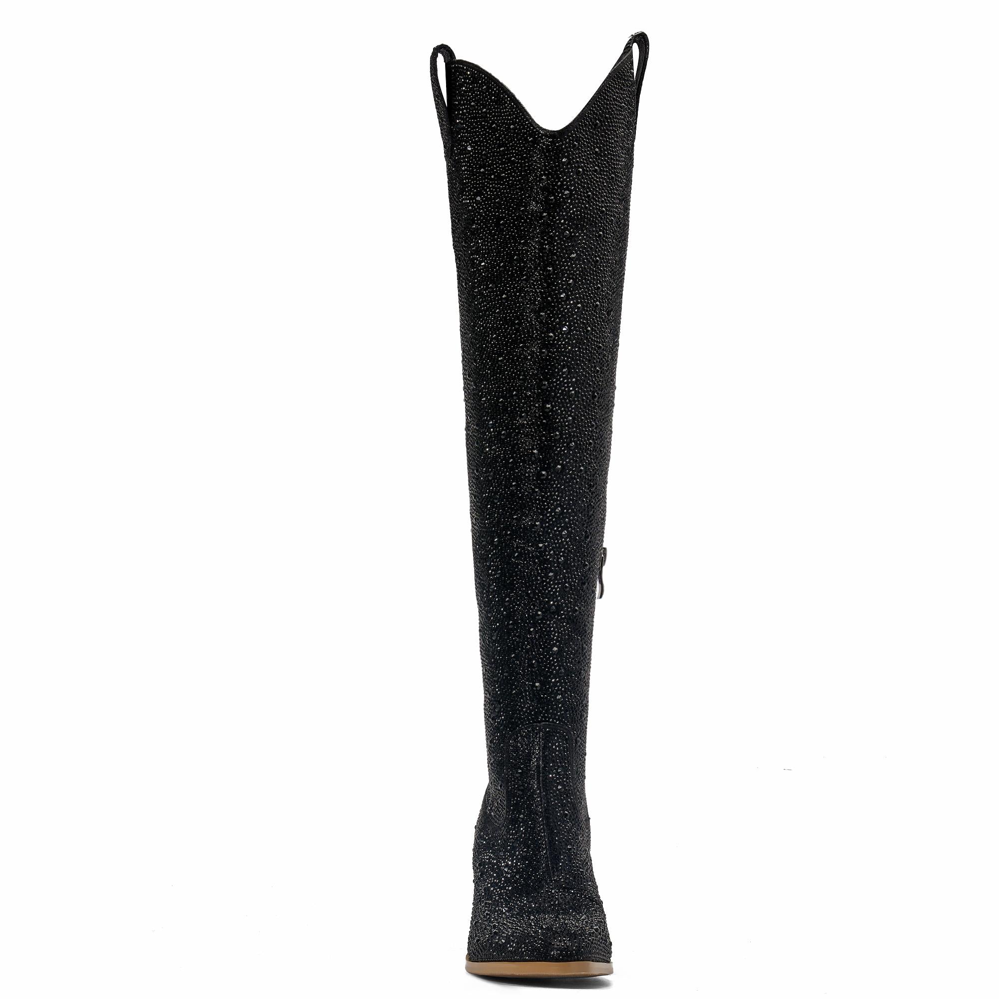 Tuhoomall Western Over-Knee Cowboy Boots With Chunky Heel, Rhinestone-Studded Vegan Leather, Casual All-Season Style, Round Toe, Zipper Closure