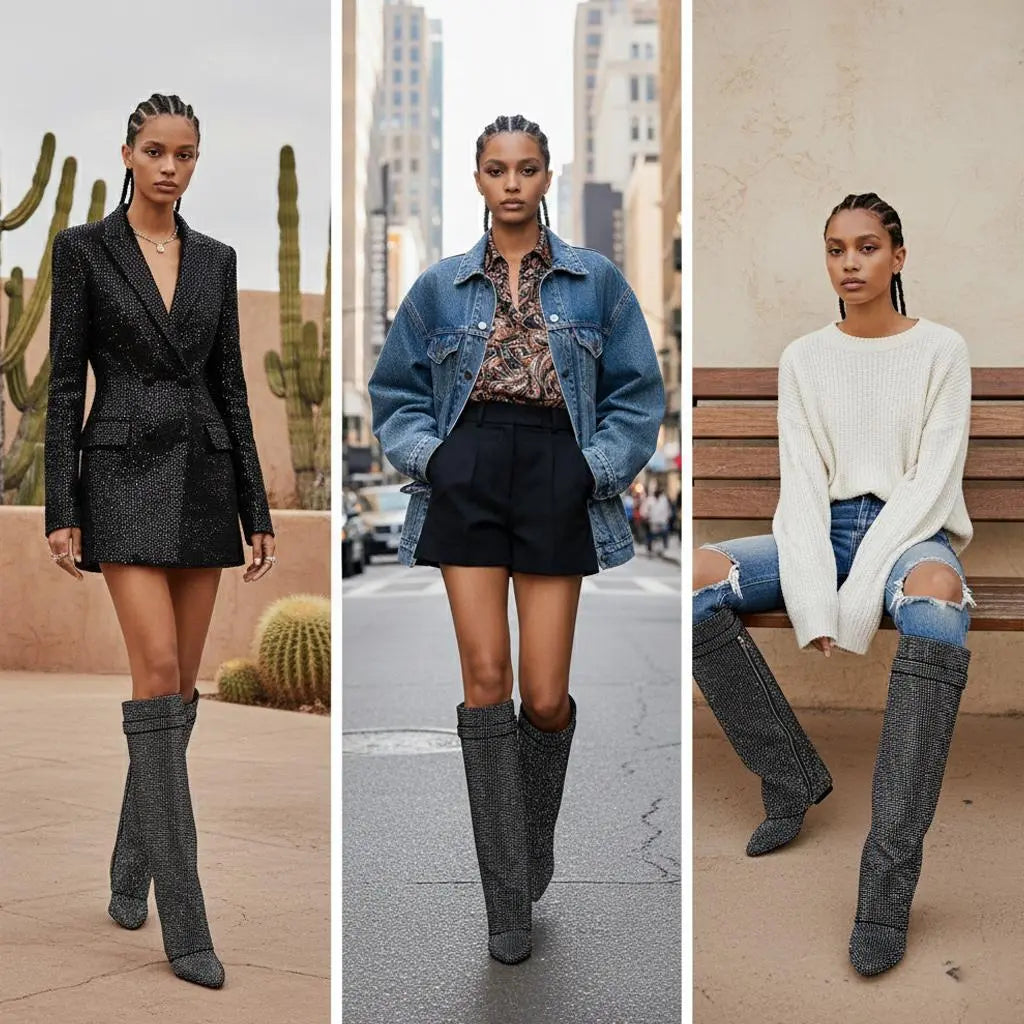 Tuhoomall Knee-High Wedge Boots with Rhinestones for Fashionable Outdoor Parties and Casual Style Tuhoomall