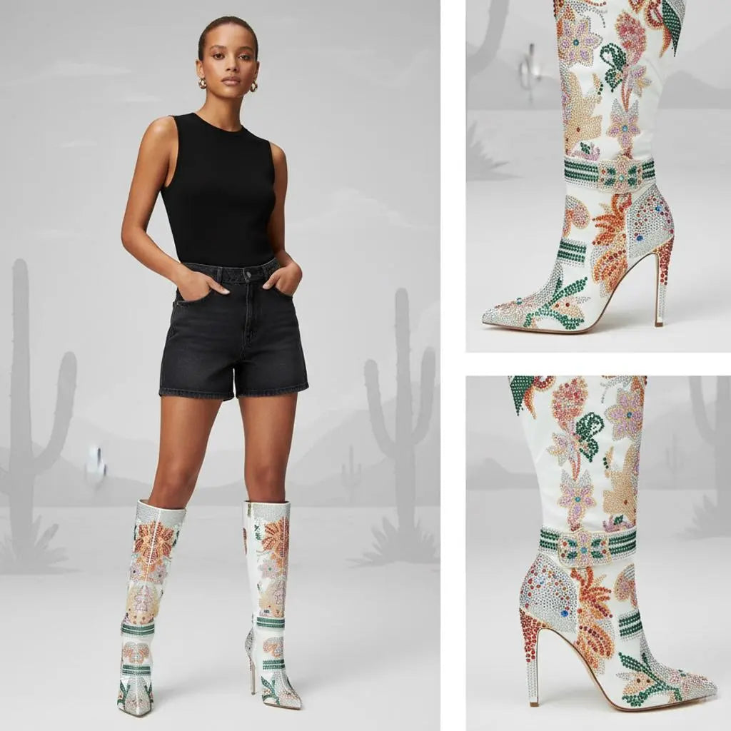 Tuhoomall Knee-High Boots with Floral Rhinestone Accents, Comfortable Chunky Heels for Parties and Performances Tuhoomall