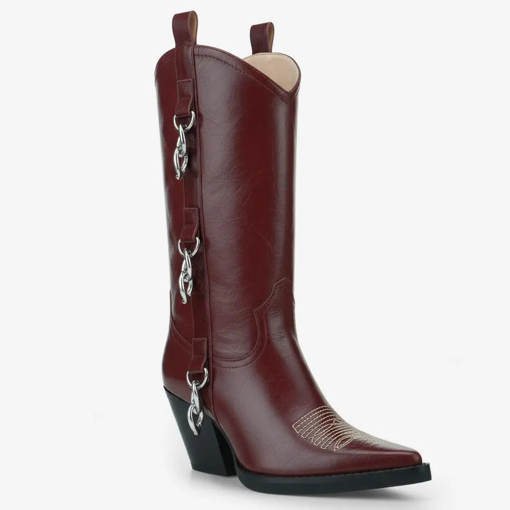 Tuhoomall Western Cowboy Ankle Boots For Women, Fashionable Chunky Heeled Mid-Calf Boots With Metal Buckle, Casual All-Season Style Tuhoomall