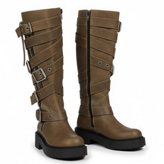 Tuhoomall Retro Chunky Knee-High Boots For Women, Comfortable Round Toe, Zipper Closure, Studded Design, Stylish Casual Footwear