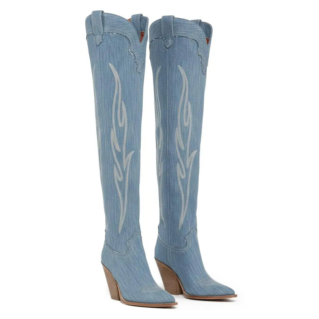 Tuhoomall Vintage Embroidered Knee-High Cowboy Boots for Women, Chunky Heel, Rubber Sole, Faux Suede Lining, Casual Fashion for Spring & Autumn Tuhoomall