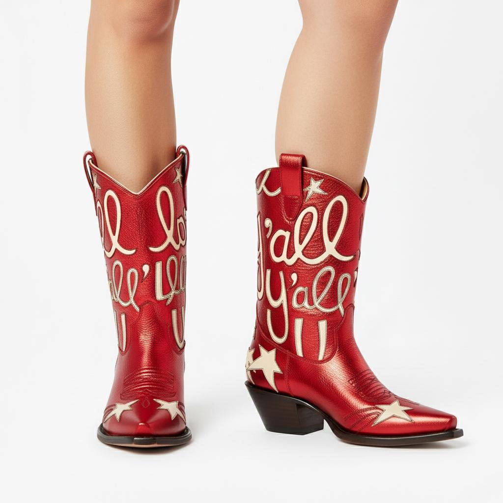 Tuhoomall Comfortable Western Boots for Fashion Parties and Daily Wear with Star and Letter Embroidery, Chunky Heel, Slip-On Design Tuhoomall