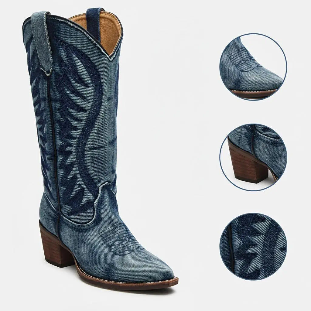 Tuhoomall Western Vintage Embroidered Cowboy Boots for Women, Chunky Heels, Classic Retro Style, Easy Slip-On, Ideal for Casual Spring and Autumn Wear Tuhoomall