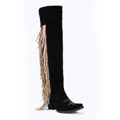 Tuhoomall Western Over Knee Boots with Fringe and Heart Pattern, Block Heel 2.76in, Zipper Closure, Faux Suede for Fashionable Boho Lifestyle