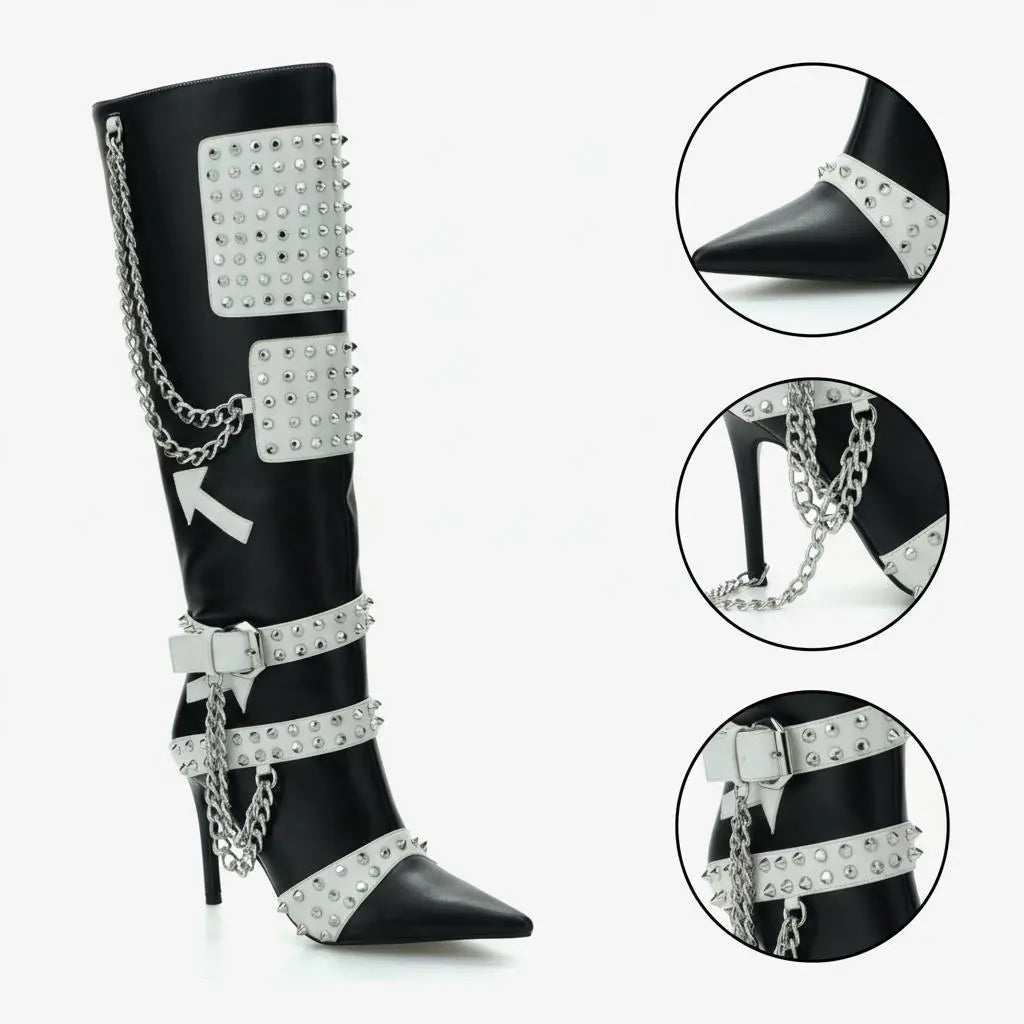 Tuhoomall Stiletto Knee-High Boots with Metallic Studs and Chic Design for Parties and Performances Tuhoomall