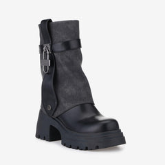 Tuhoomall Fashion Women's Foldable Knee-High Boots with Round Toe and Thick Heels, Stylish Metal Buckle for Parties and Performances