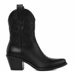 Tuhoomall Comfortable Western Ankle Boots for Fashion, Travel, and Leisure - Embroidered Genuine Leather, 5.5cm Chunky Heel, Slip-On Design