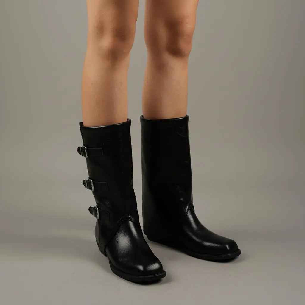 Tuhoomall Foldable Mid-Calf Chunky Heel, Stylish Adjustable Metallic Buckle, Perfect For Casual And Formal Occasions Tuhoomall