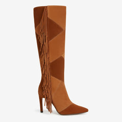 Tuhoomall Knee High High Heel Boots with Zipper, Embroidered Fringe and Geometric Patterns for Parties and Travel