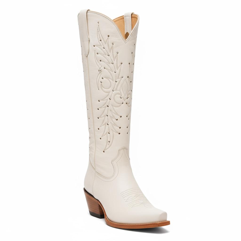 Tuhoomall White Western Boots with Embroidery and Rivets, Mid-Calf Design, Stylish for Fashion, Outdoor & Casual Wear, Comfortable 2.00 in Heel