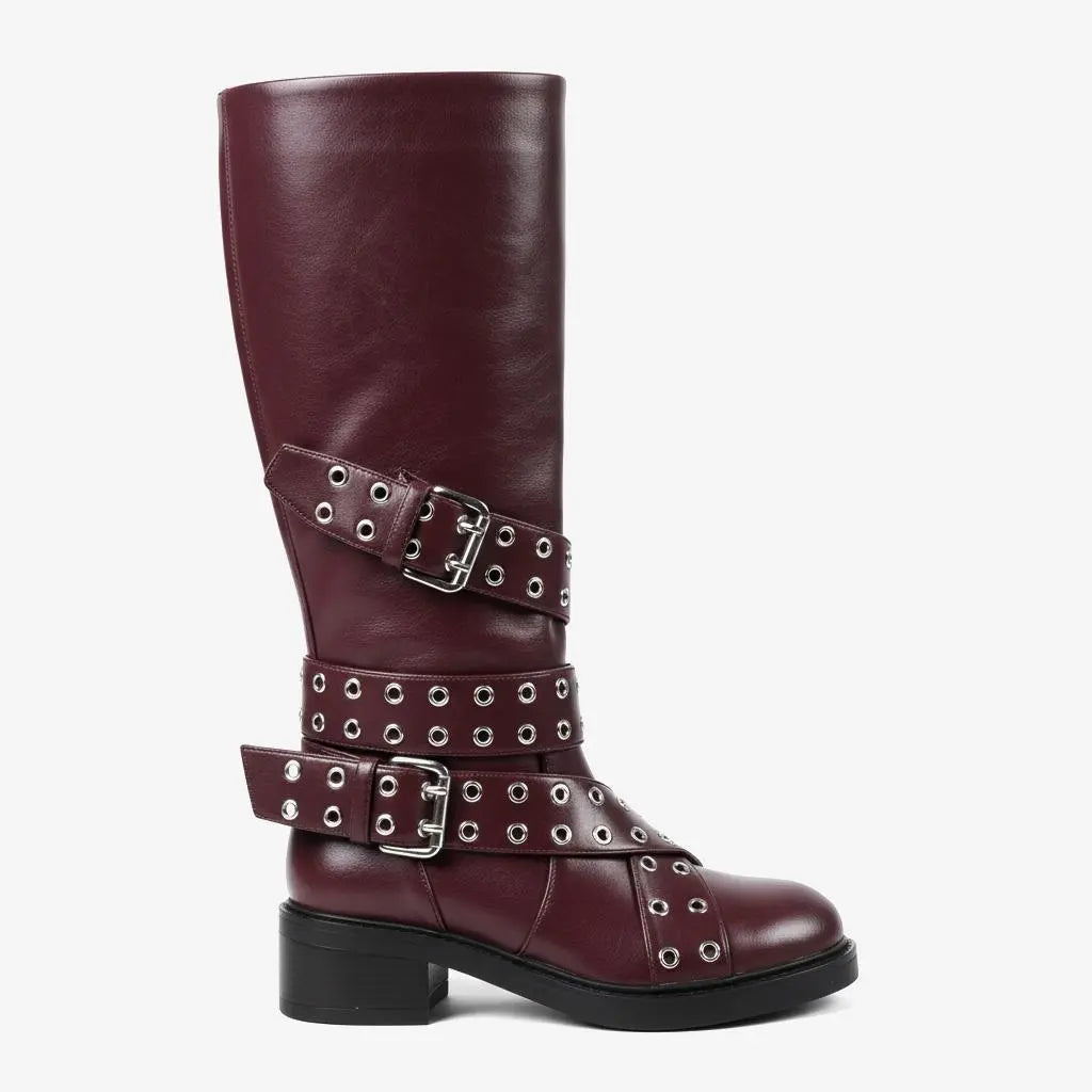 Tuhoomall Knee-High Stylish PU Combat Boots for Women with Adjustable Buckles and Metallic Accents, Casual and Formal Wear, Comfortable Low Chunky Heel Tuhoomall