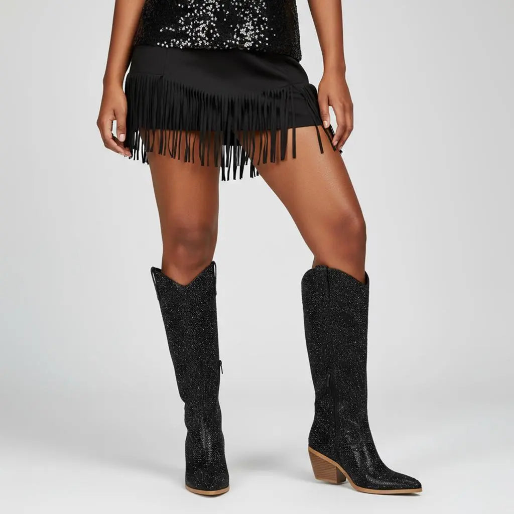 Tuhoomall Rhinestone Western Mid Calf Boots For Women - Chunky Heel & Easy Zip Closure, Stylish For Travel And Weddings Tuhoomall