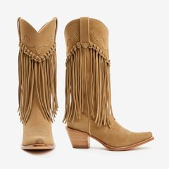 Tuhoomall Comfortable Western Knee-High Boots for Parties and Outdoor Activities with Fringe Embroidery, Rubber Sole, and 7.5cm Chunky Heel