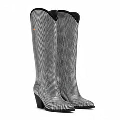 Tuhoomall Shiny Rhinestone Knee-High Boots for Parties and Performances, Stylish Pointed Toe Design, 9cm Chunky Heel, All-Season Wear