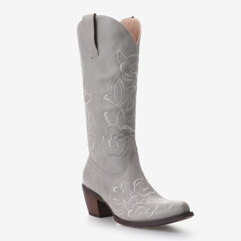 Tuhoomall Western Cowboy Mid-Calf Boots for Women, Floral Embroidery, Stylish Low Chunky Heels, Perfect for Weddings and Casual Outings