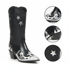 Tuhoomall Western Ankle Boots for Women, Chunky Heel 2.52in, Star Embroidery, Casual Fashion Footwear for Everyday Style and Rodeo Events