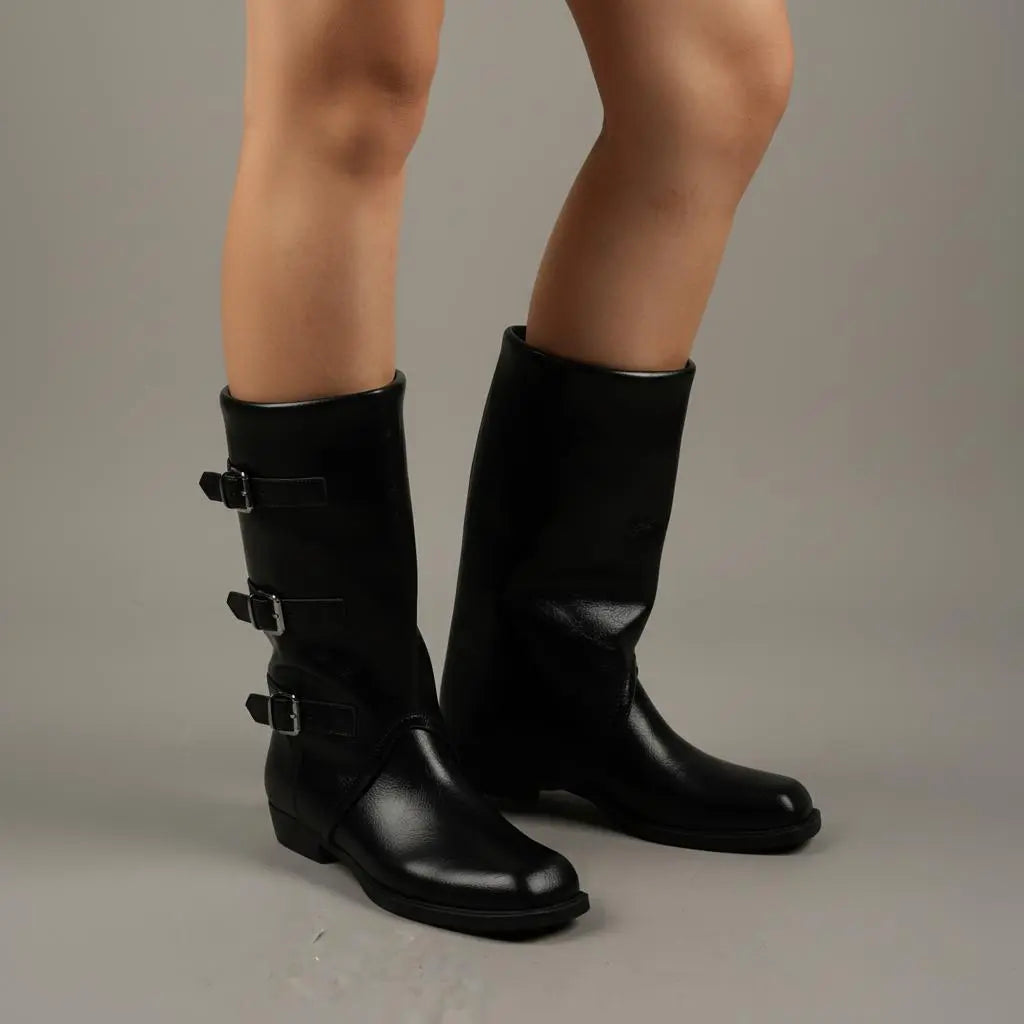 Tuhoomall Foldable Mid-Calf Chunky Heel, Stylish Adjustable Metallic Buckle, Perfect For Casual And Formal Occasions Tuhoomall