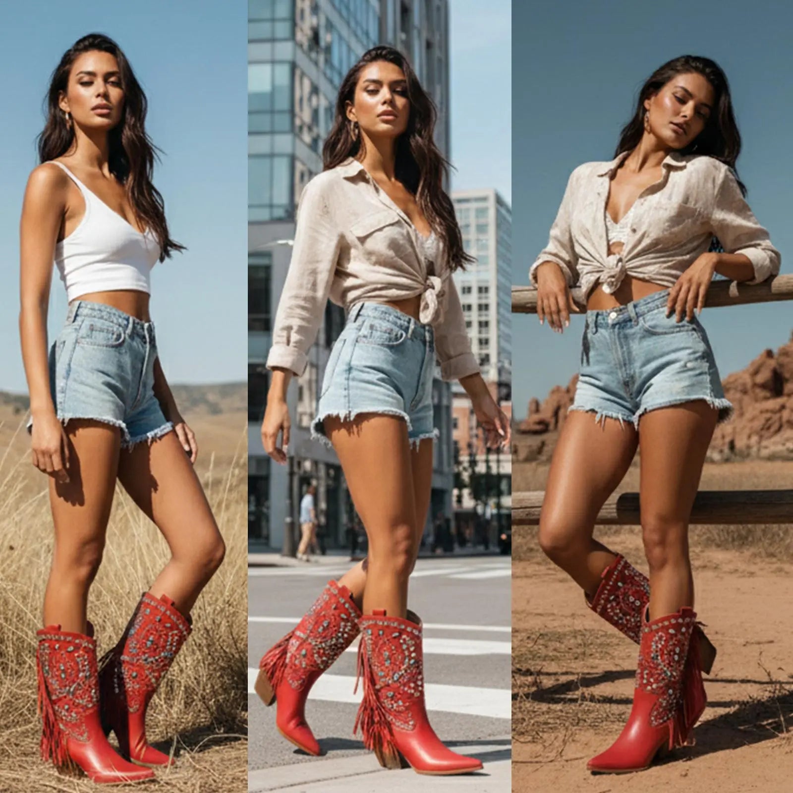 Tuhoomall Western Style Floral Embellished Mid-Calf Cowboy Boots with Chunky Heel for Fashion, Outdoor, Party and Casual Western Boots Tuhoomall