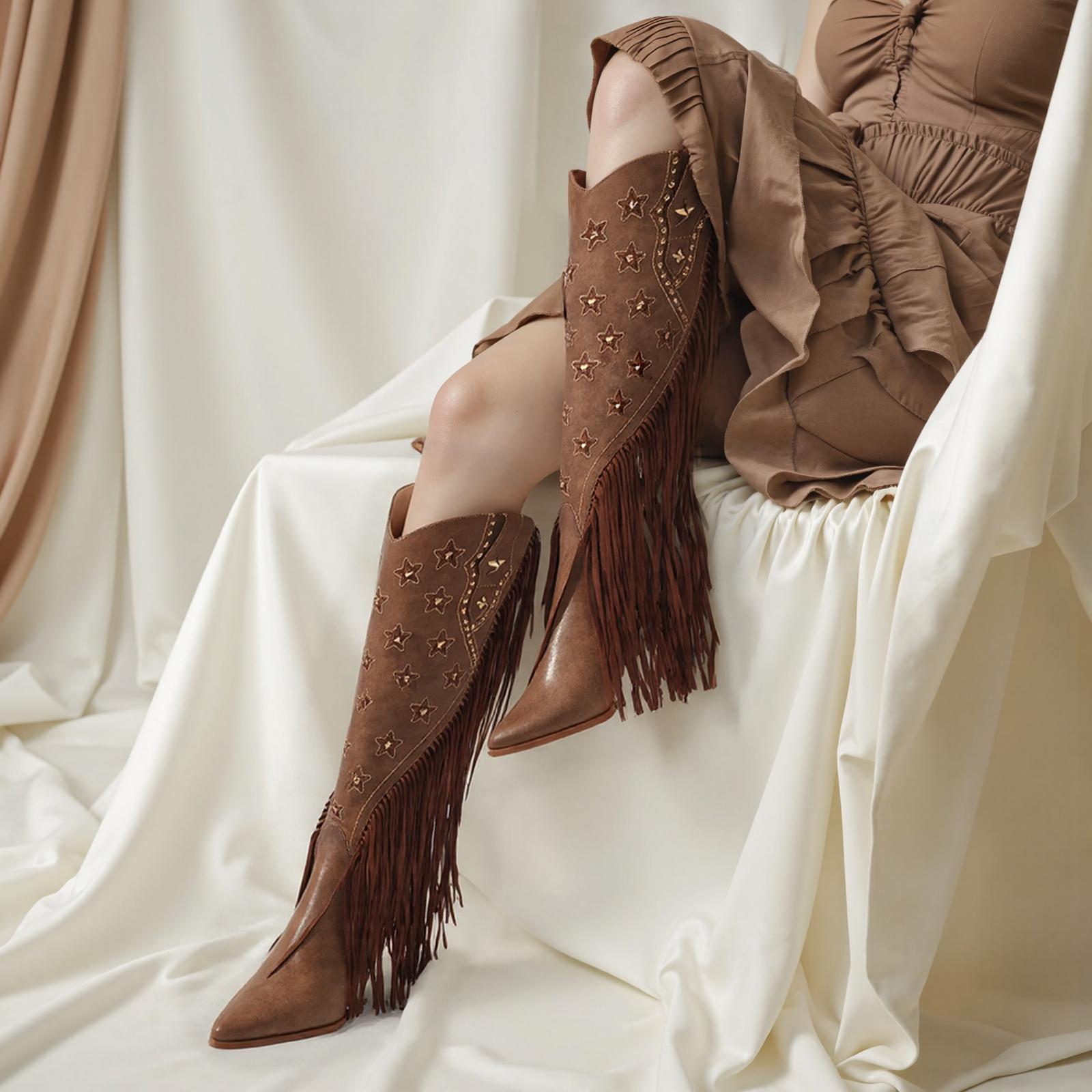 Tuhoomall Western Cowboy Knee-High Boot for Women, Comfortable Chunky Heel with Fringe, Star and Studded Design - Perfect for Fashion and Outdoor Events